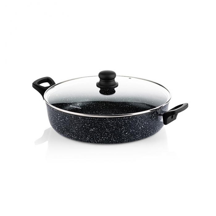 Ρηχή Κατσαρόλα Από Αλουμίνιο 3. 7 Lt / 28 cm Με Αντικολλητική Επίστρωση Μάρμαρου & Γυάλινο Καπάκι